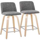 Toriano 24" Swivel Counter Stool in Natural Wood & Grey Noise Fabric with Chrome Footrest (Set of 2)
